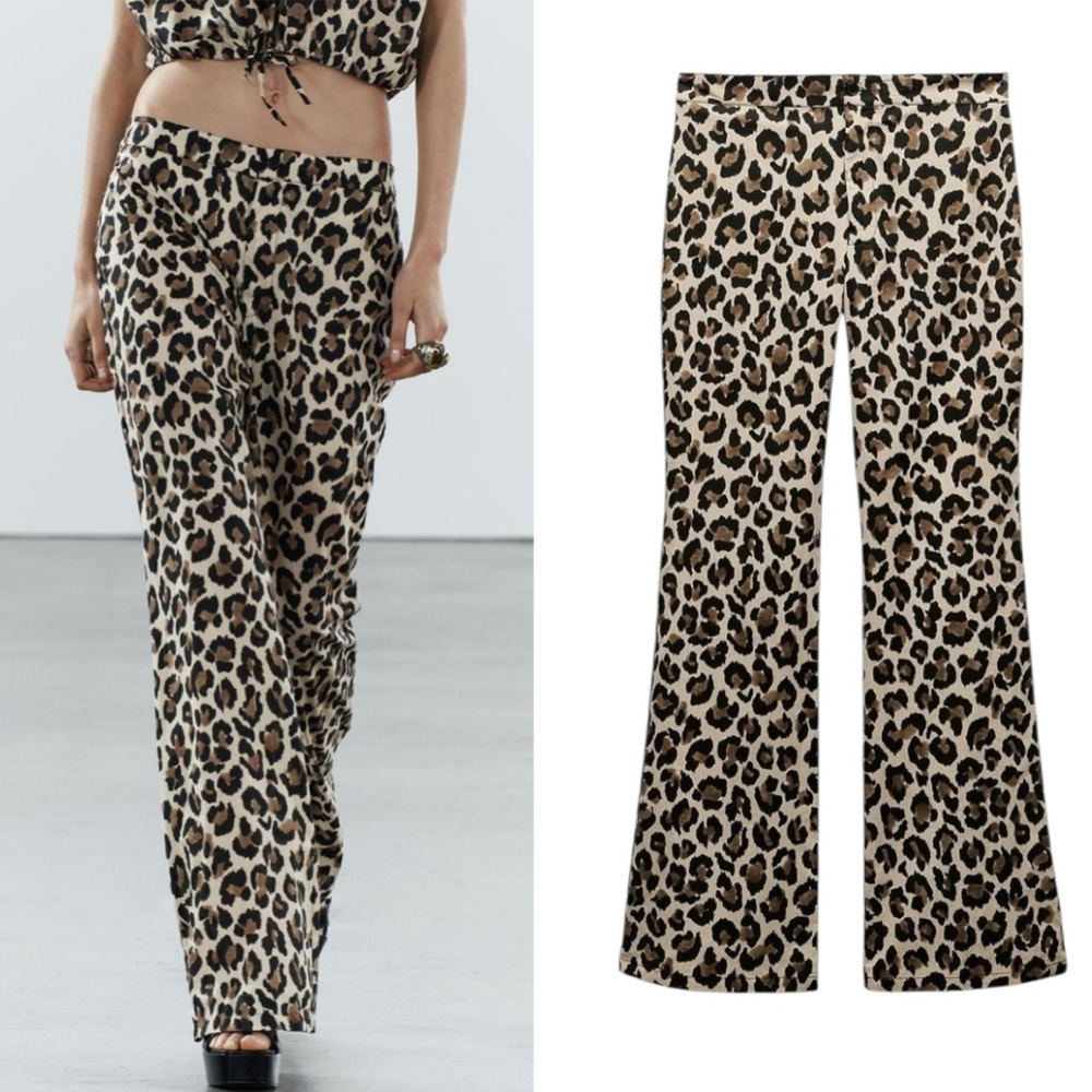 NEW Zara Leopard Animal Print Cotton Flared Trousers Pants - Blogger Fave - L